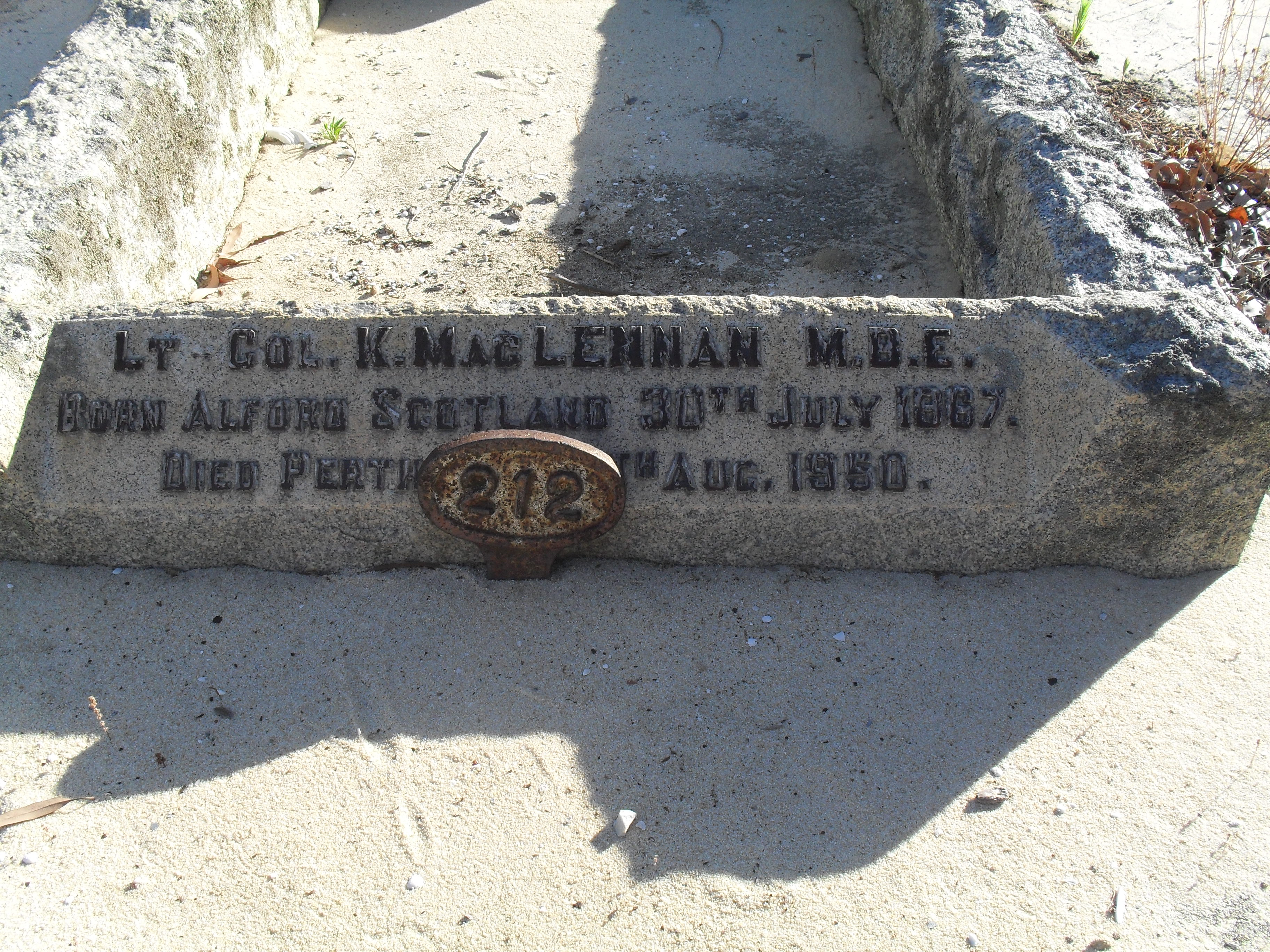 Photo of headstones/Kenneth Maclennan (Lt-Col) footstone d1950 Karrakatta cem